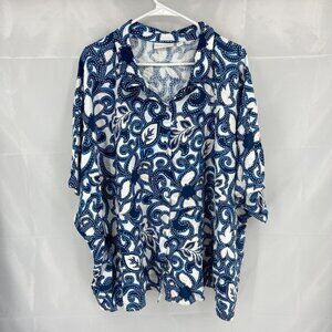 Susan Graver Women 4X Floral Blouse Button Front Short Sleeve Blue Breathable